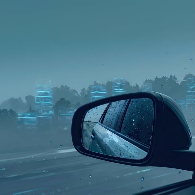 A rearview mirror with futuristic data towers in the background