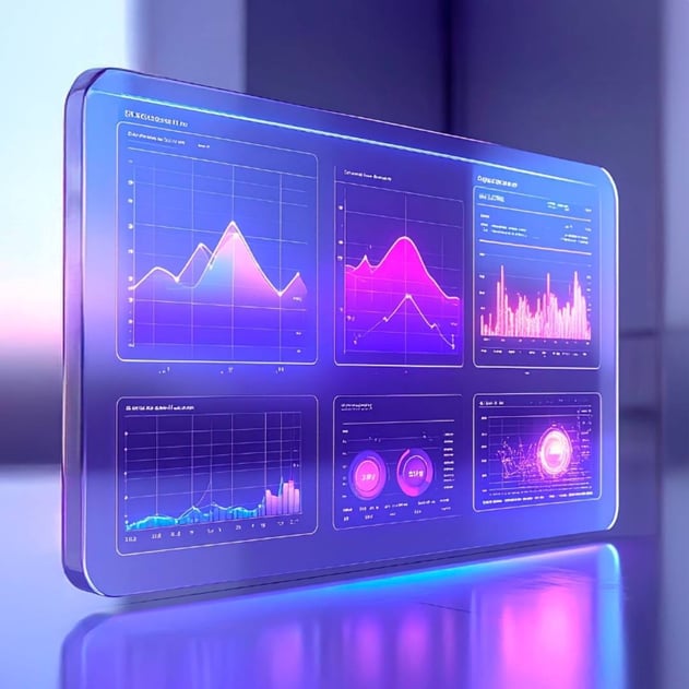 A blue and purple dashboard with a series of charts and graphs