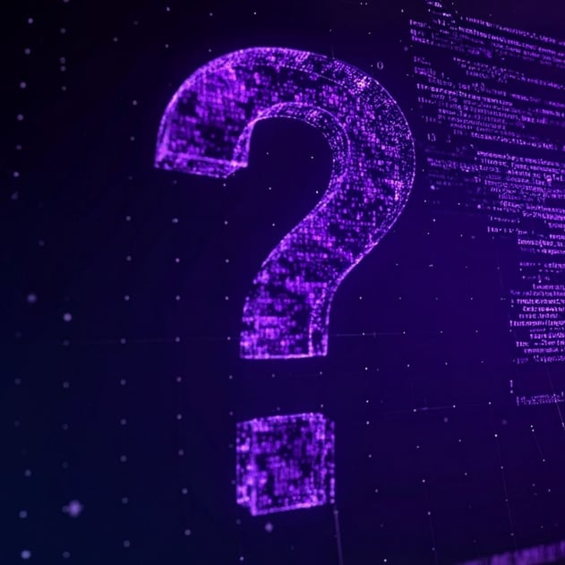 A purple question mark made up of digital code