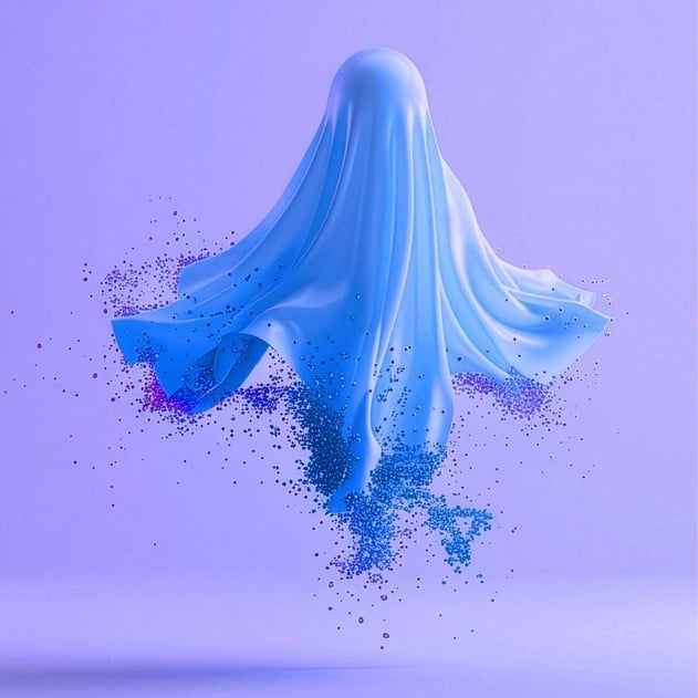 A blue ghost with data coming off the edge of it on a purple background