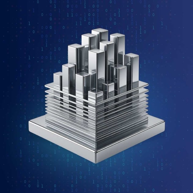 A silver stack of graphs on a blue background with data floating around it