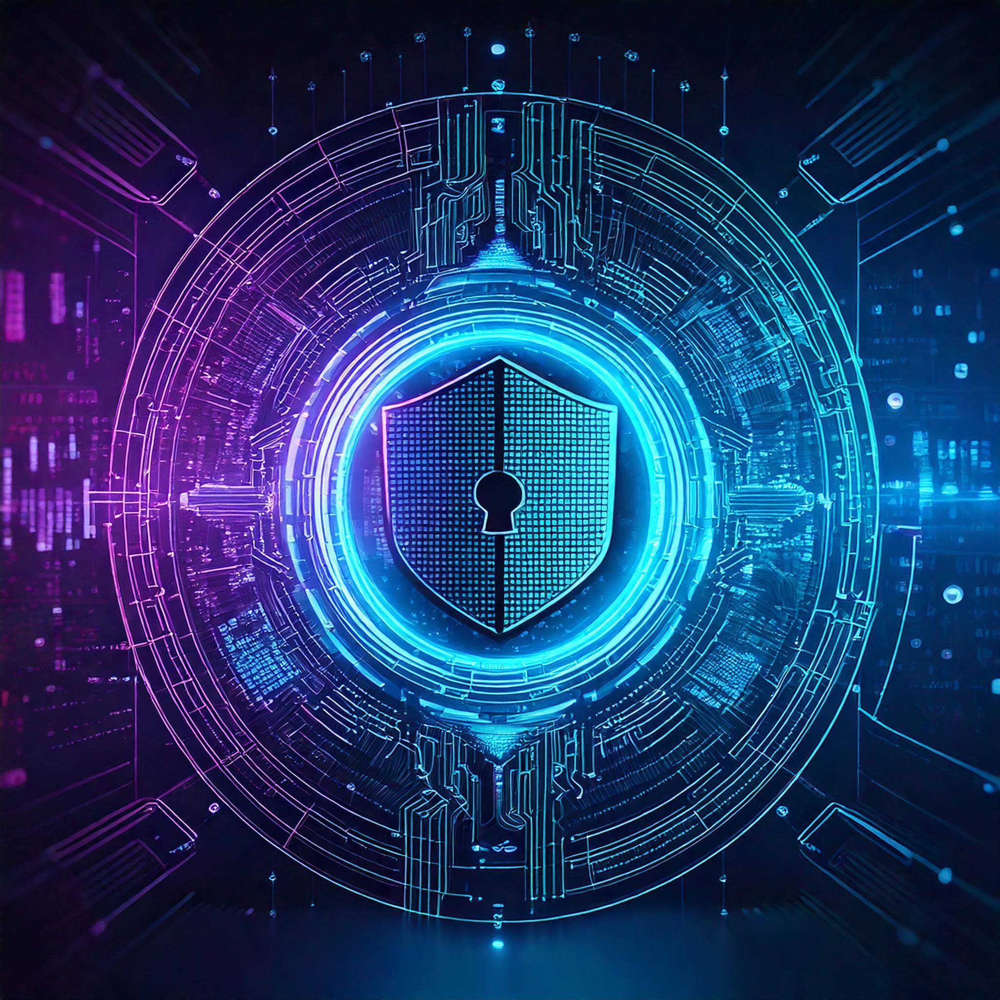 Blue and purple shield surrounded by data and analytics elements