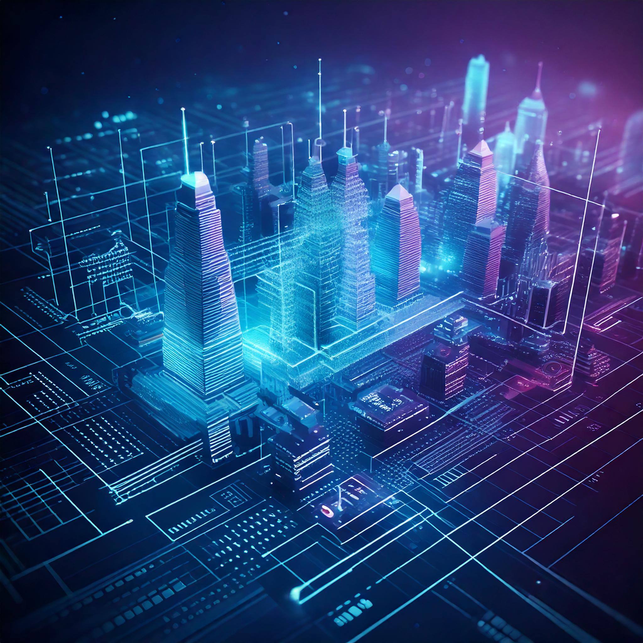 Purple blue and turquoise abstract data architecture surrounding buildings