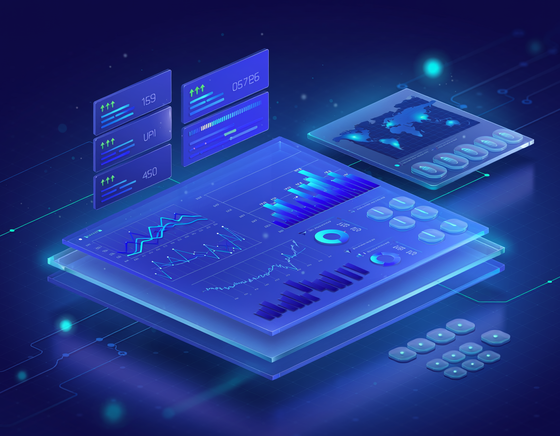 Firefly_3d data dashboards powered by ai, use tons of blue 403478