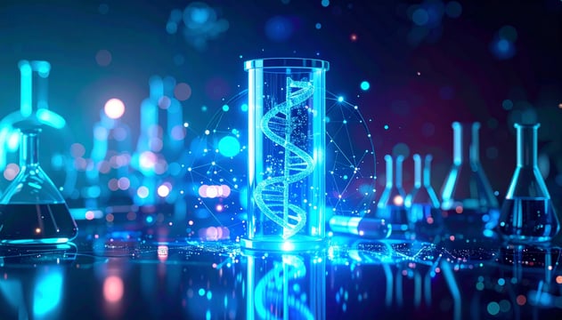 Firefly_Abstract concept of research and development in life sciences with data floating arou 897202