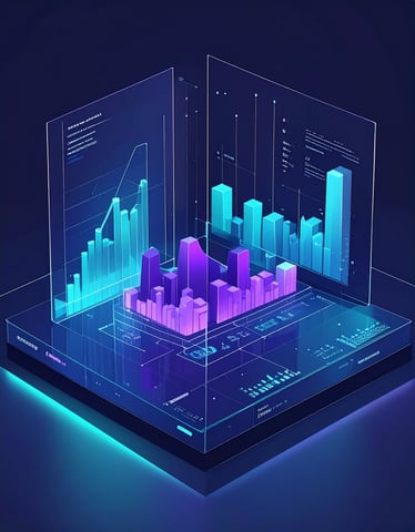 Firefly_Glass-style charts and data panels emerging from a central AI node. Dark blue backgro 904465
