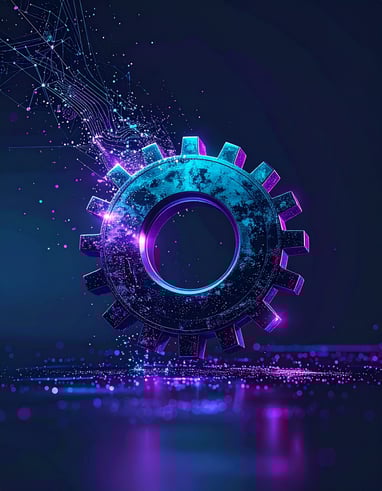 Firefly_Stylized mechanical gear morphing into digital data particles, symbolizing transition 346033