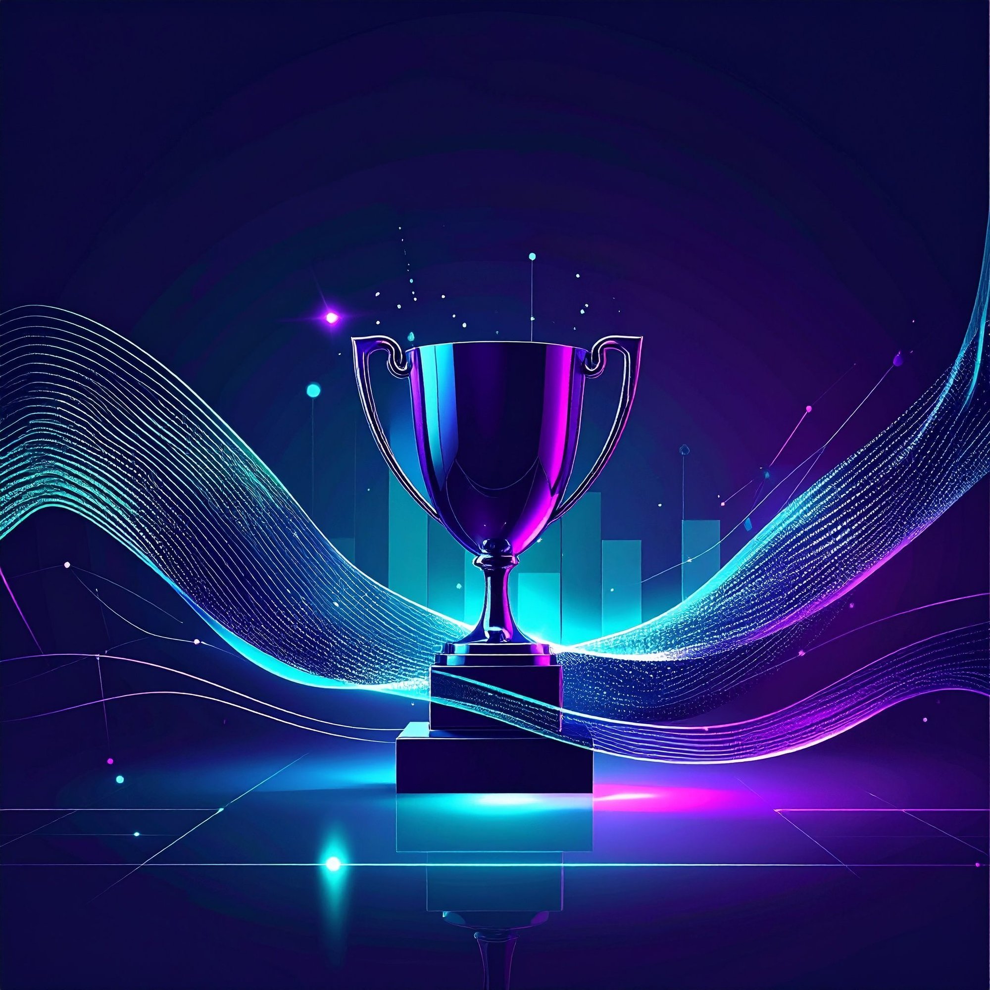Firefly_abstract trophy integrated with tech waves and data shapes, dark navy background with 686945 (1)