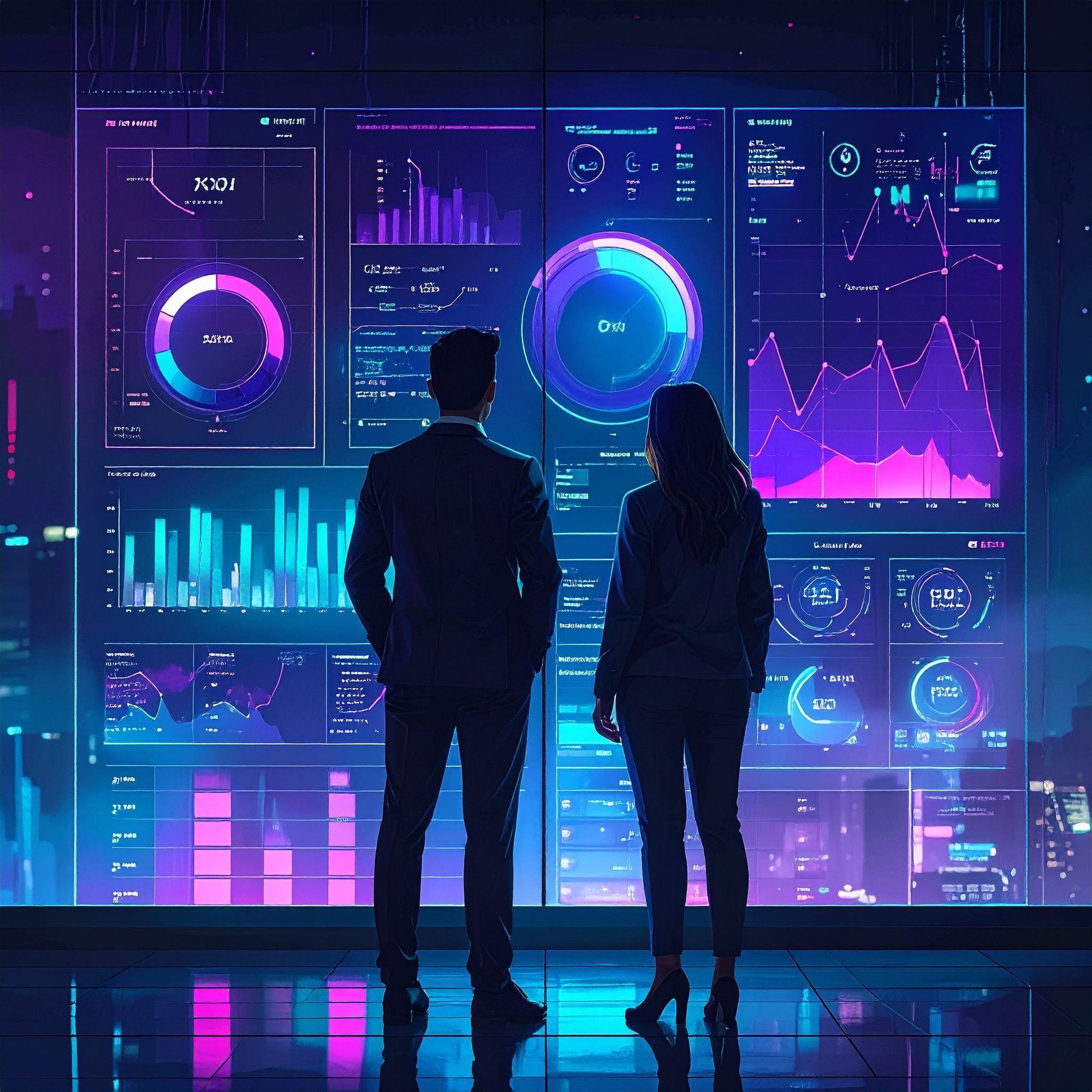 Firefly_professionals standing in front of a futuristic dashboard with KPIs and performance m 396955 (1)