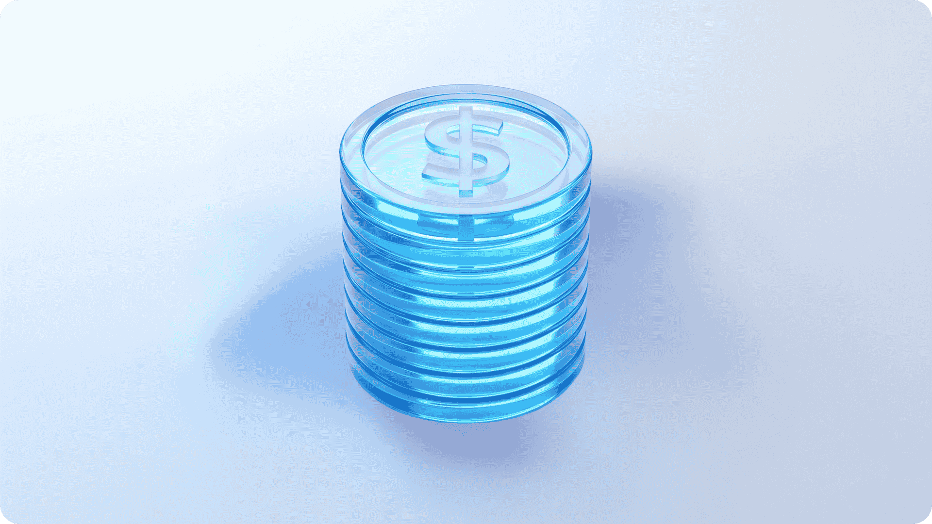 A light blue stack of coins on a plain blue background