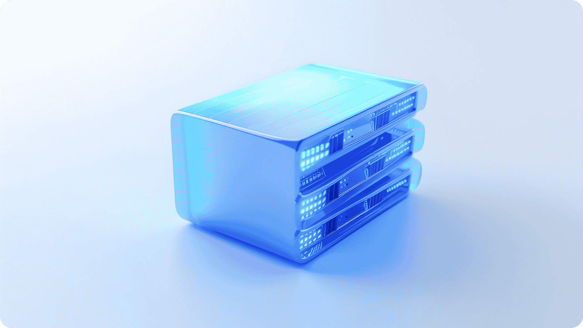 A light blue futuristic data stack on a plain background