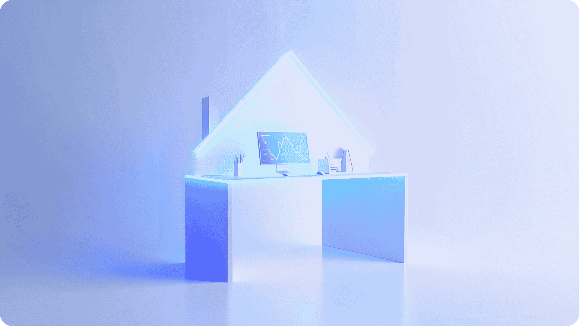 A light blue depiction of a home office